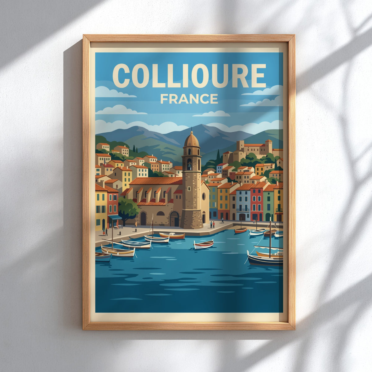 Poster of Collioure France featuring a harbor with boats and a bell tower.