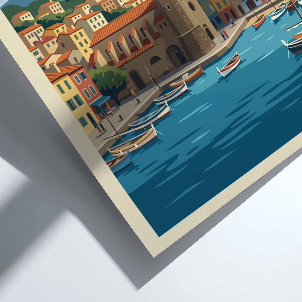 Poster of Collioure France featuring a harbor with boats and a bell tower.