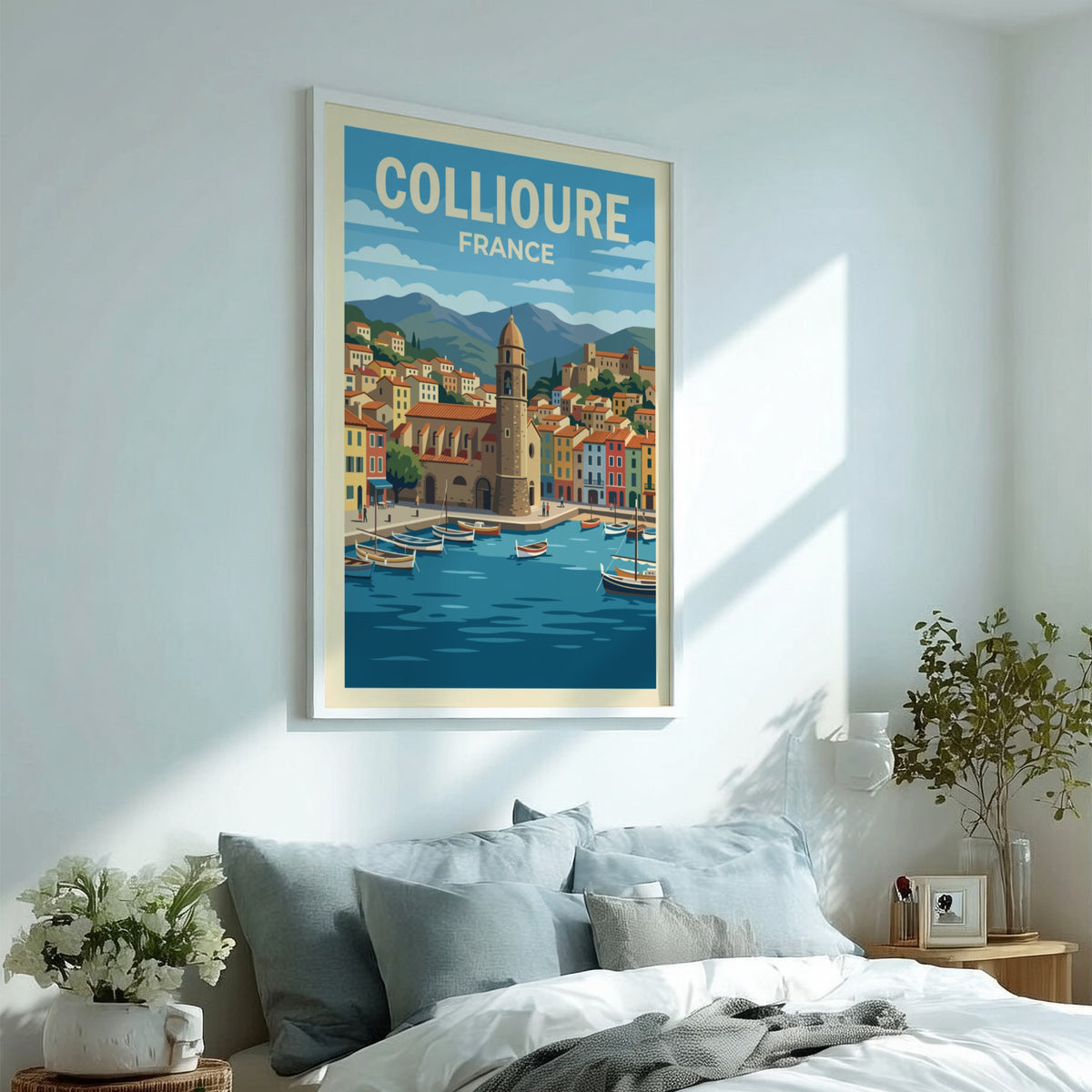 Poster of Collioure France featuring a harbor with boats and a bell tower.