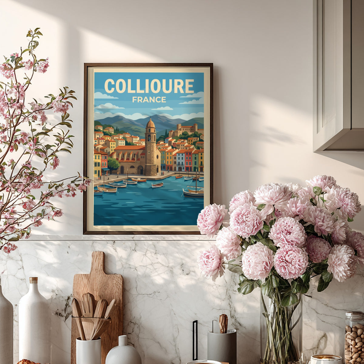 Poster of Collioure France featuring a harbor with boats and a bell tower.