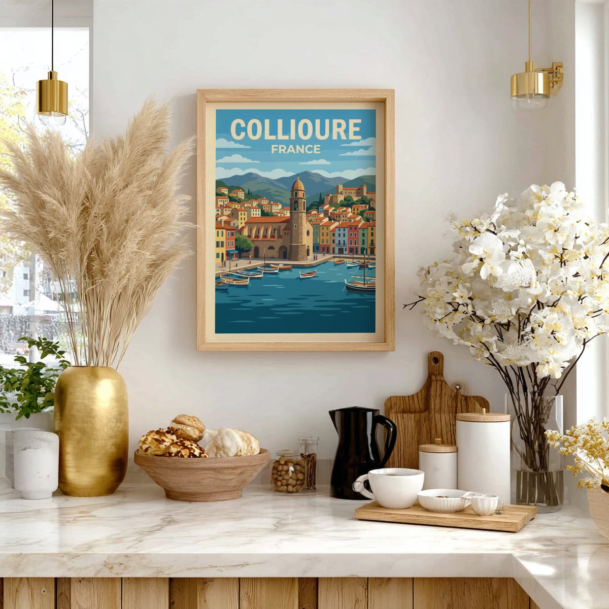 Poster of Collioure France featuring a harbor with boats and a bell tower.