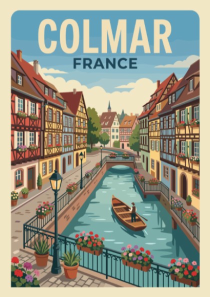 Travel poster of Colmar France featuring colorful timber-framed houses along a canal with boat