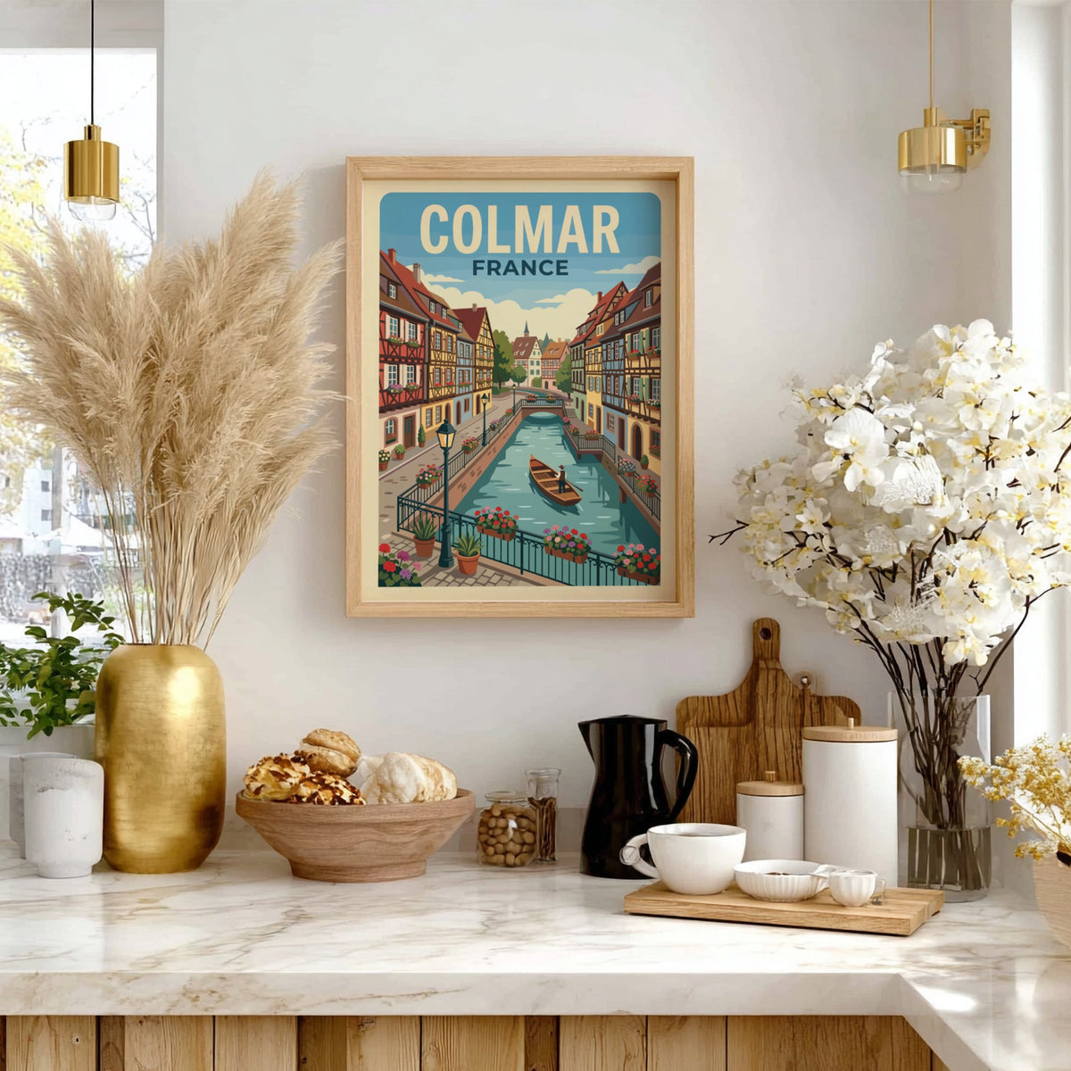Travel poster of Colmar France featuring colorful timber-framed houses along a canal with boat