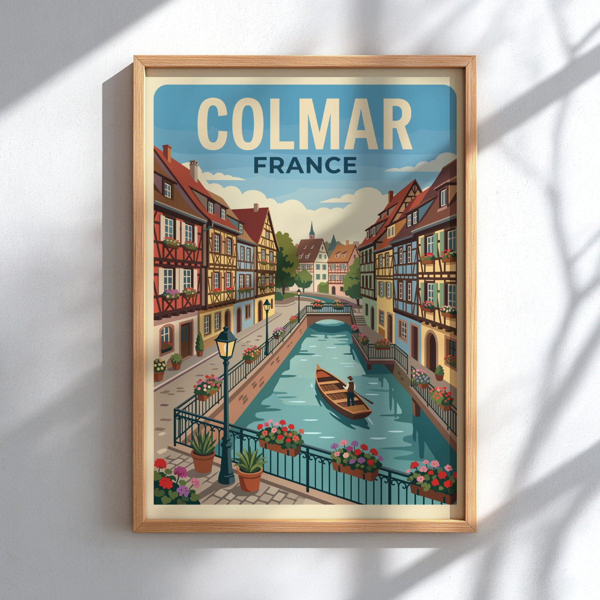 Travel poster of Colmar France featuring colorful timber-framed houses along a canal with boat