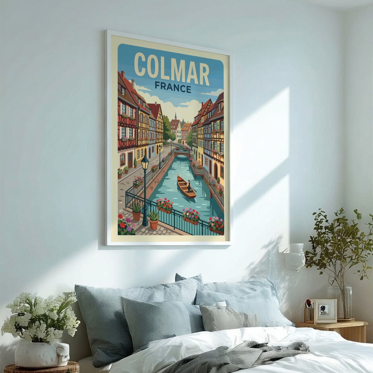 Travel poster of Colmar France featuring colorful timber-framed houses along a canal with boat