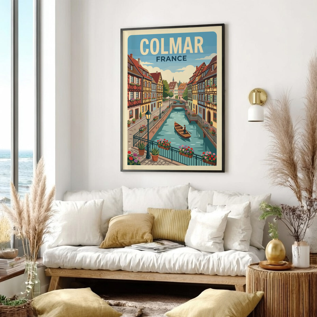 Travel poster of Colmar France featuring colorful timber-framed houses along a canal with boat