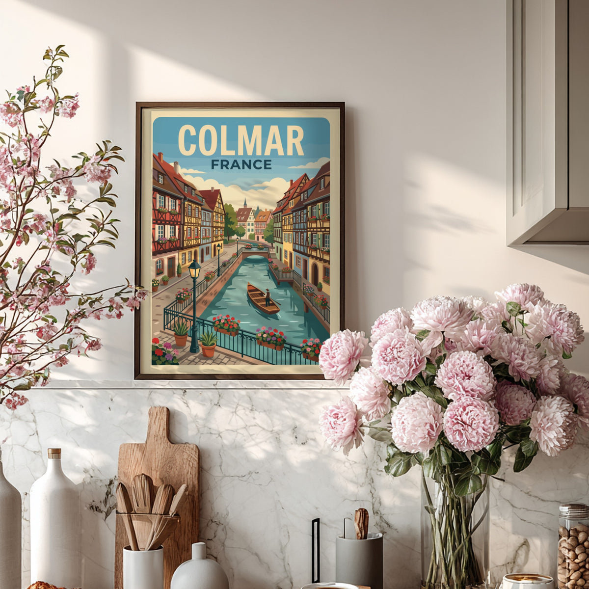 Travel poster of Colmar France featuring colorful timber-framed houses along a canal with boat