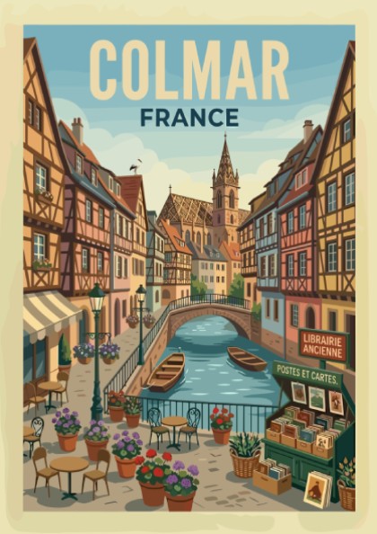 Colmar, France canal travel poster with half-timbered houses and boats in a vibrant, European style.