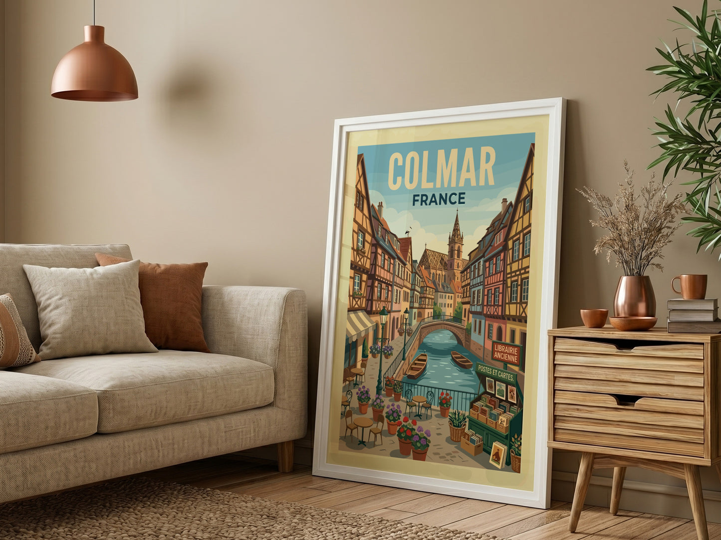 Colmar, France canal travel poster with half-timbered houses and boats in a vibrant, European style.