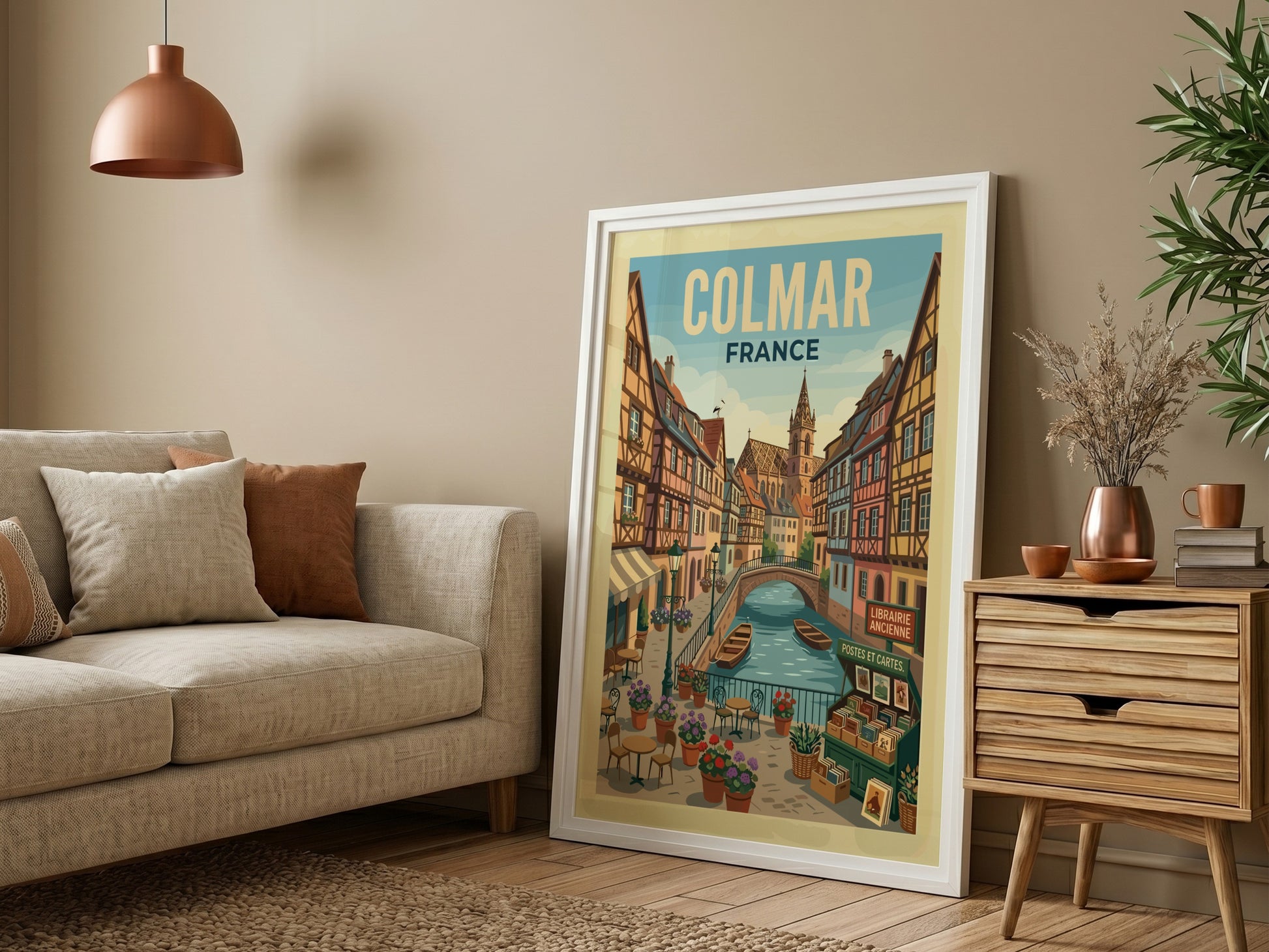 Colmar, France canal travel poster with half-timbered houses and boats in a vibrant, European style.