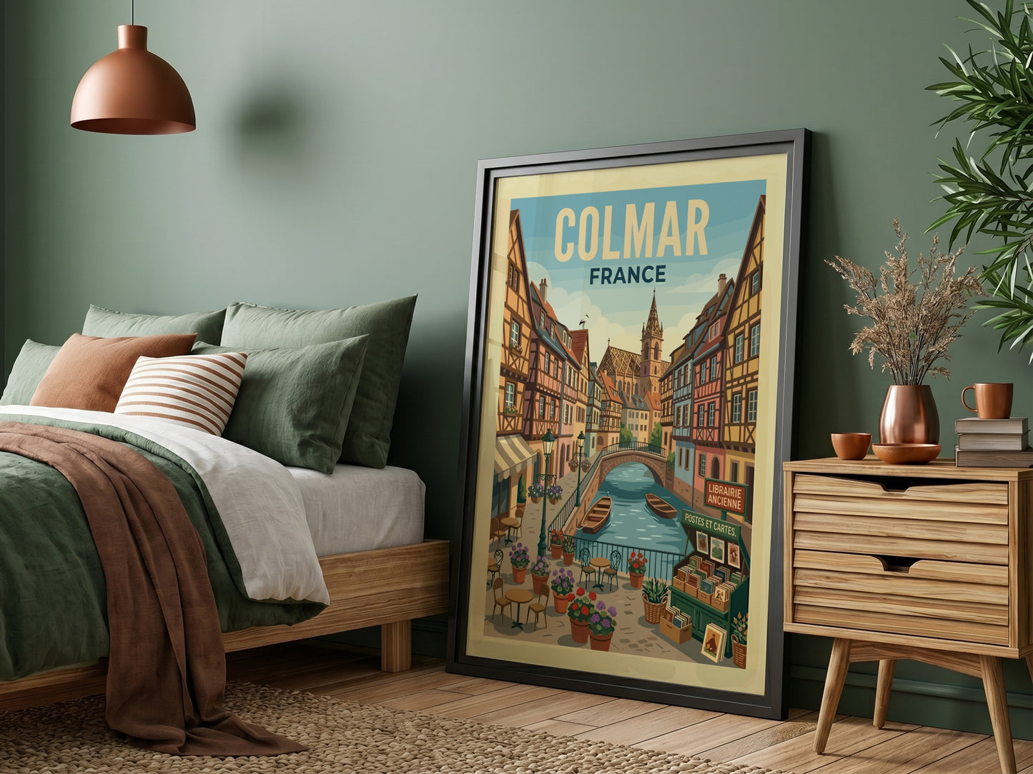 Colmar, France canal travel poster with half-timbered houses and boats in a vibrant, European style.