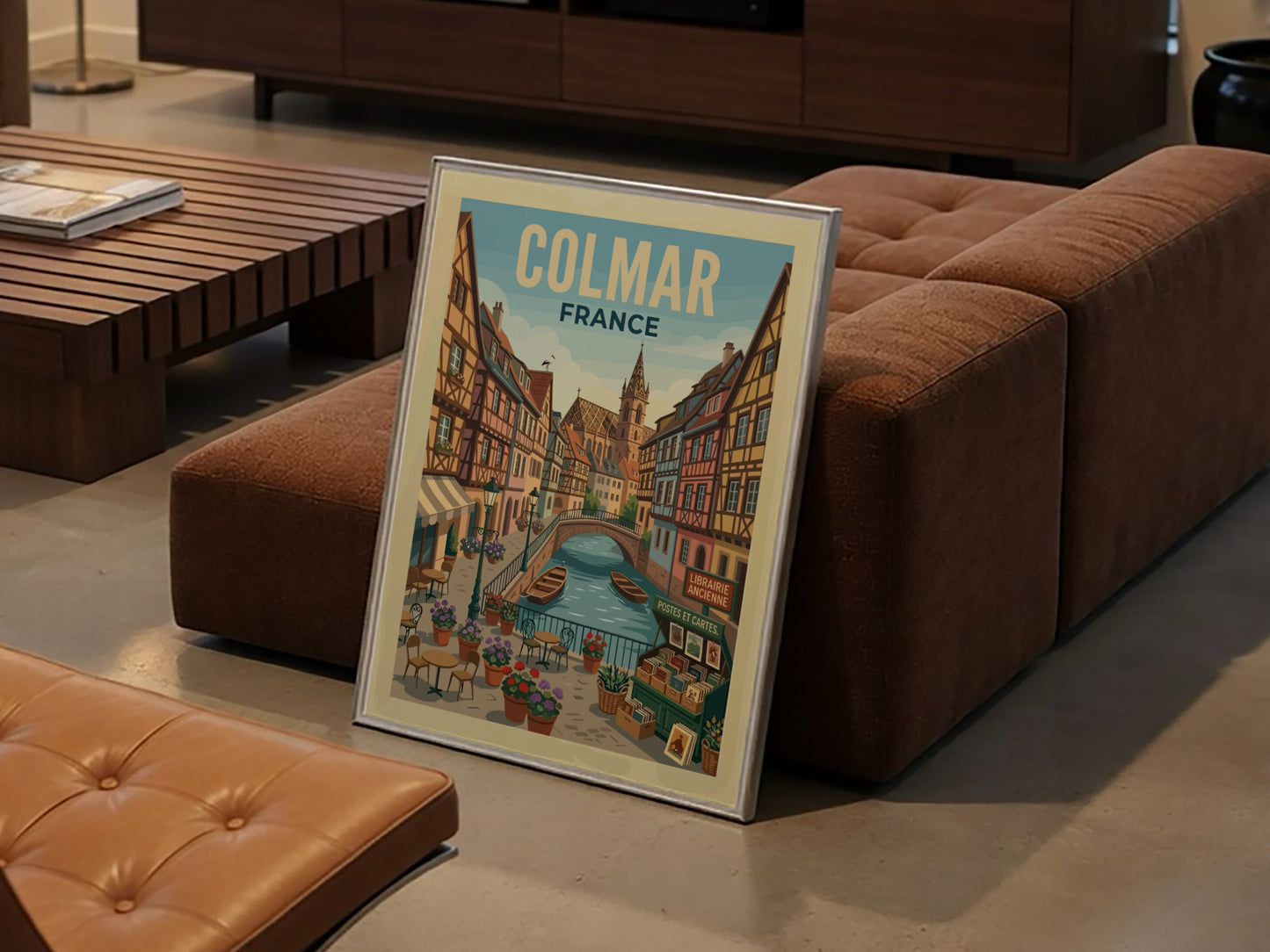 Colmar, France canal travel poster with half-timbered houses and boats in a vibrant, European style.