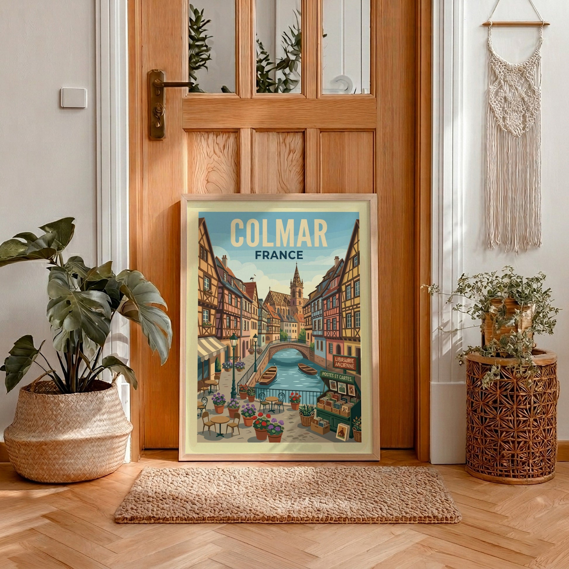 Colmar, France canal travel poster with half-timbered houses and boats in a vibrant, European style.
