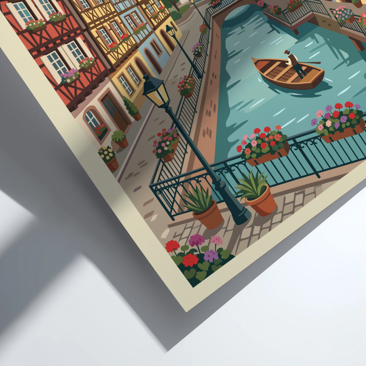 Travel poster of Colmar France featuring colorful timber-framed houses along a canal with boat