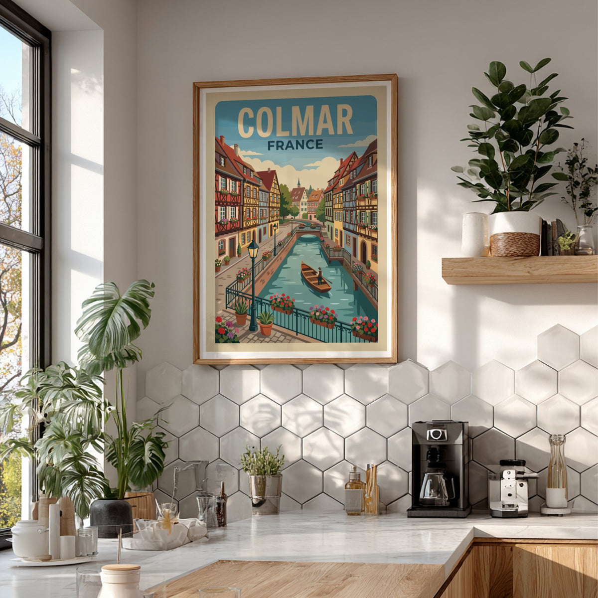 Travel poster of Colmar France featuring colorful timber-framed houses along a canal with boat