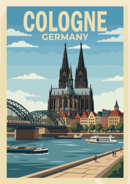Cologne Germany travel poster showing the cathedral and bridge over the river Rhine