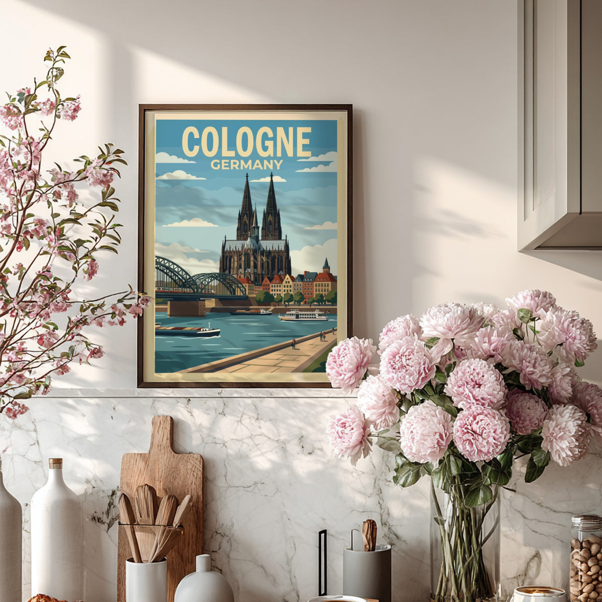 Cologne Germany travel poster showing the cathedral and bridge over the river Rhine