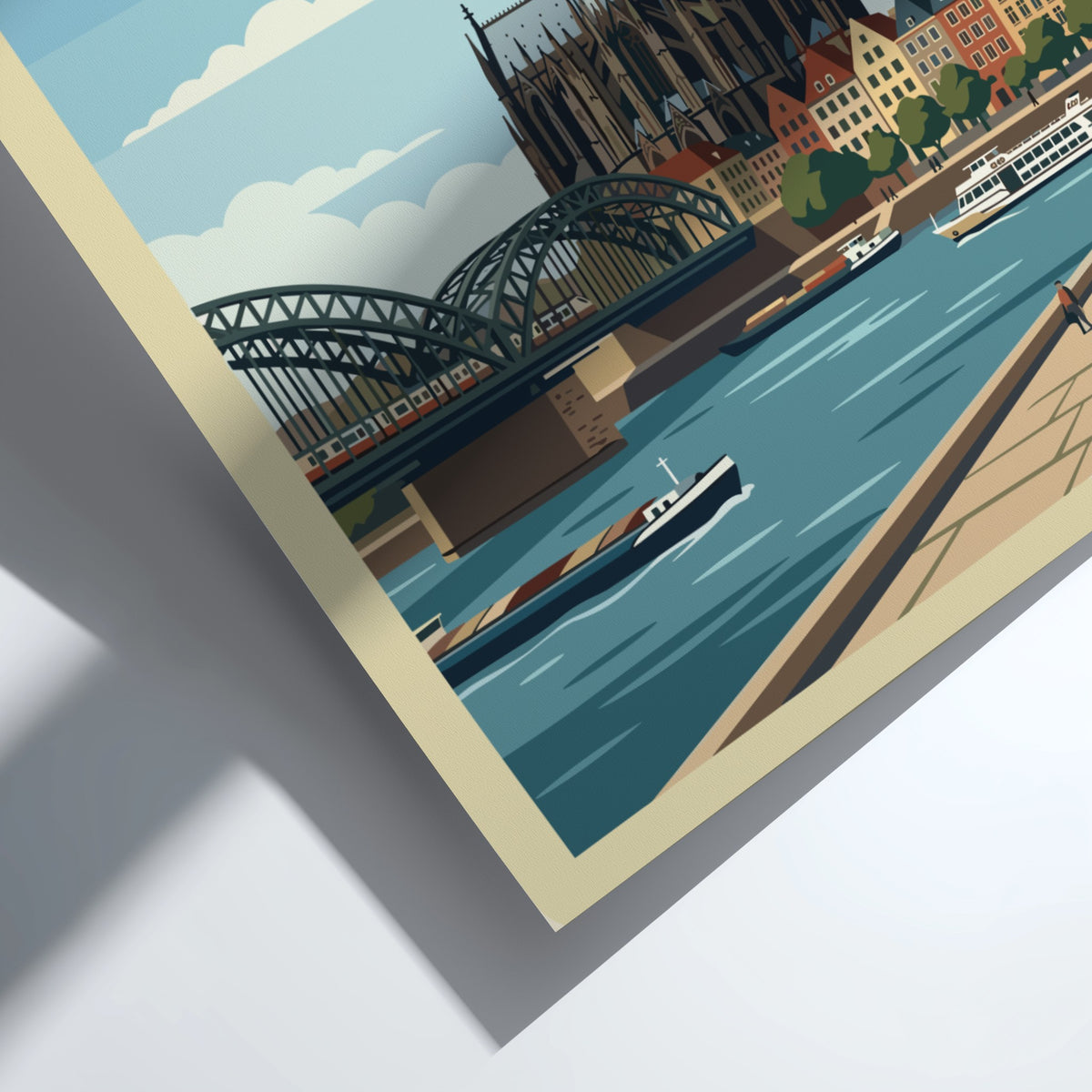 Cologne Germany travel poster showing the cathedral and bridge over the river Rhine