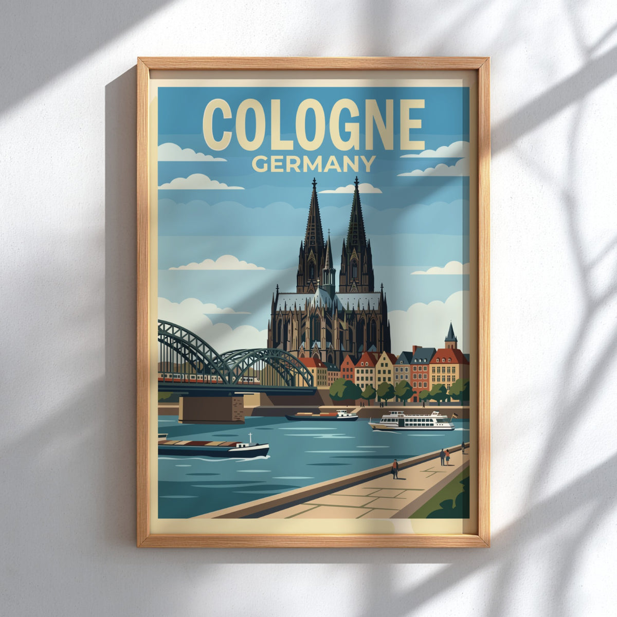 Cologne Germany travel poster showing the cathedral and bridge over the river Rhine