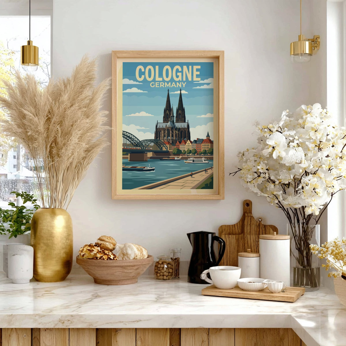 Cologne Germany travel poster showing the cathedral and bridge over the river Rhine
