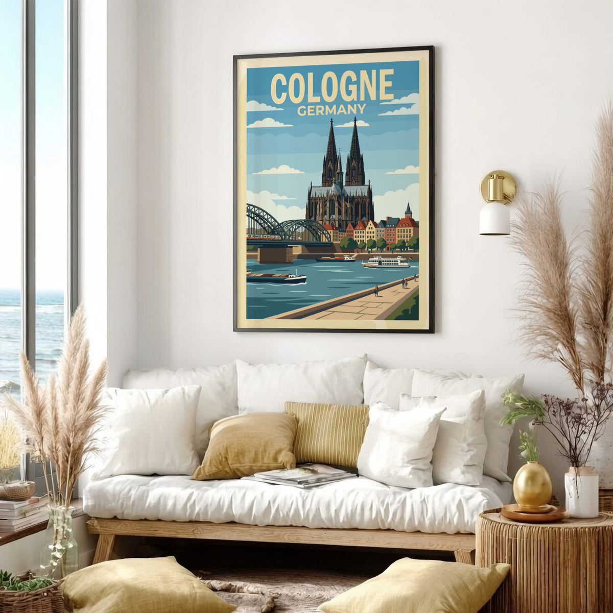 Cologne Germany travel poster showing the cathedral and bridge over the river Rhine
