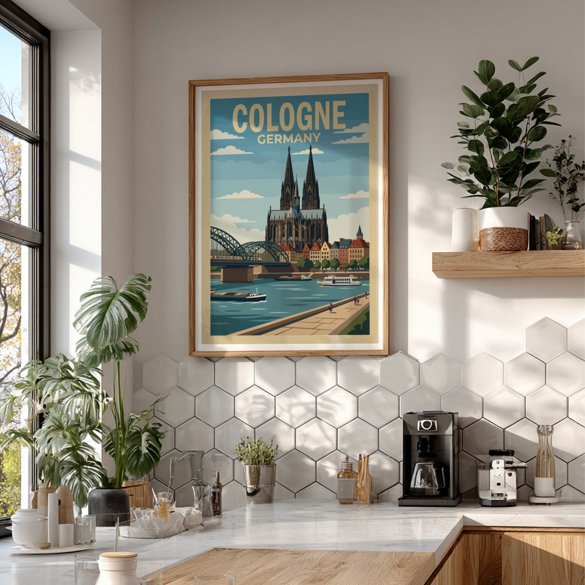 Cologne Germany travel poster showing the cathedral and bridge over the river Rhine