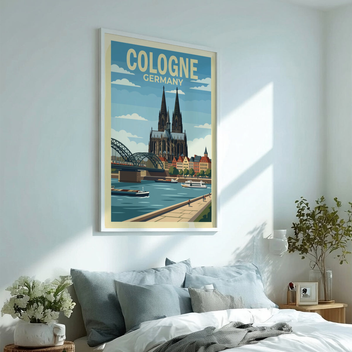 Cologne Germany travel poster showing the cathedral and bridge over the river Rhine