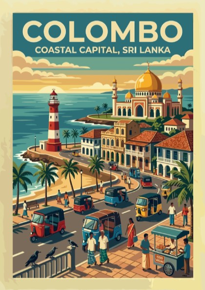 Travel poster of Colombo Coastal Capital featuring a lighthouse, mosque, and tuk-tuks in Sri Lanka.