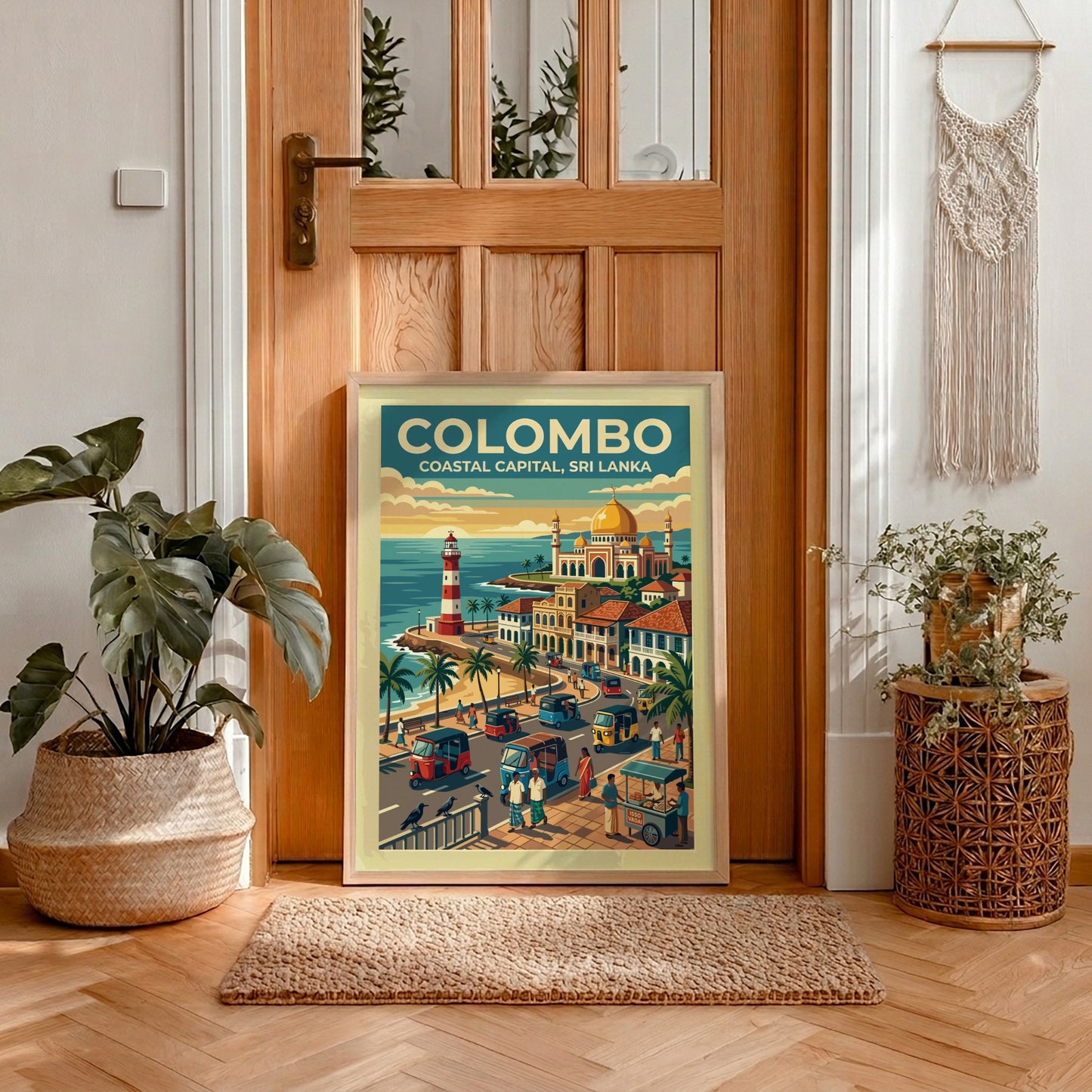 Travel poster of Colombo Coastal Capital featuring a lighthouse, mosque, and tuk-tuks in Sri Lanka.
