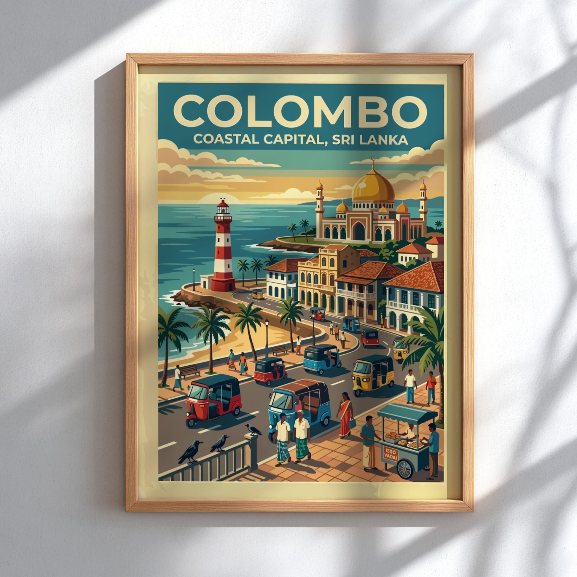 Travel poster of Colombo Coastal Capital featuring a lighthouse, mosque, and tuk-tuks in Sri Lanka.