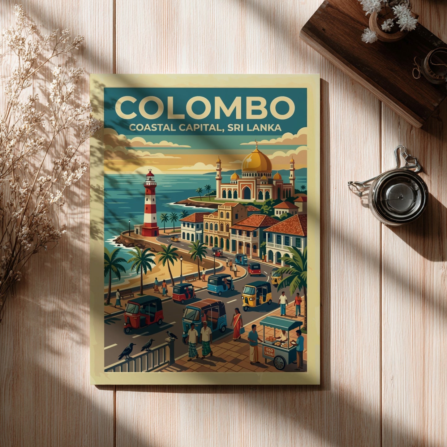 Travel poster of Colombo Coastal Capital featuring a lighthouse, mosque, and tuk-tuks in Sri Lanka.
