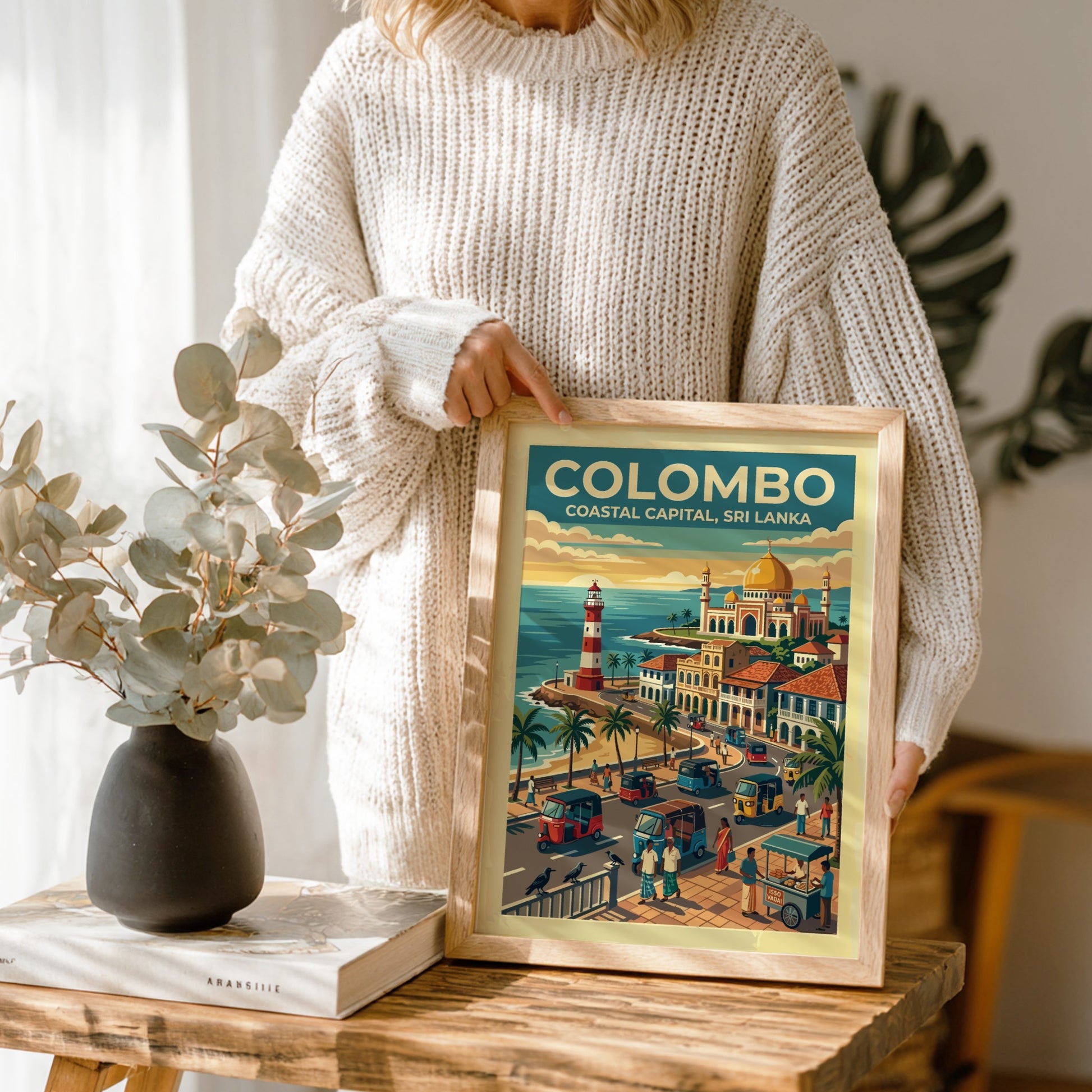 Travel poster of Colombo Coastal Capital featuring a lighthouse, mosque, and tuk-tuks in Sri Lanka.