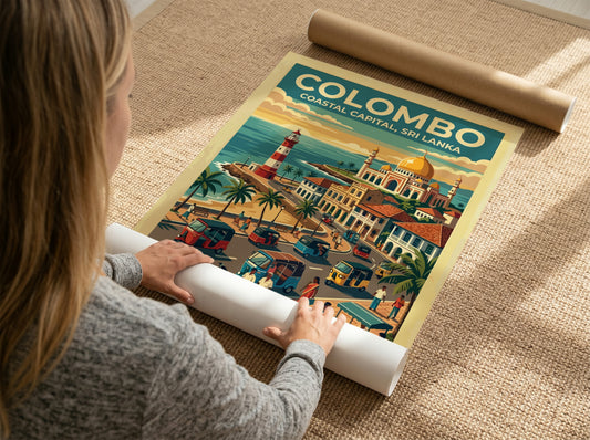 Travel poster of Colombo Coastal Capital featuring a lighthouse, mosque, and tuk-tuks in Sri Lanka.