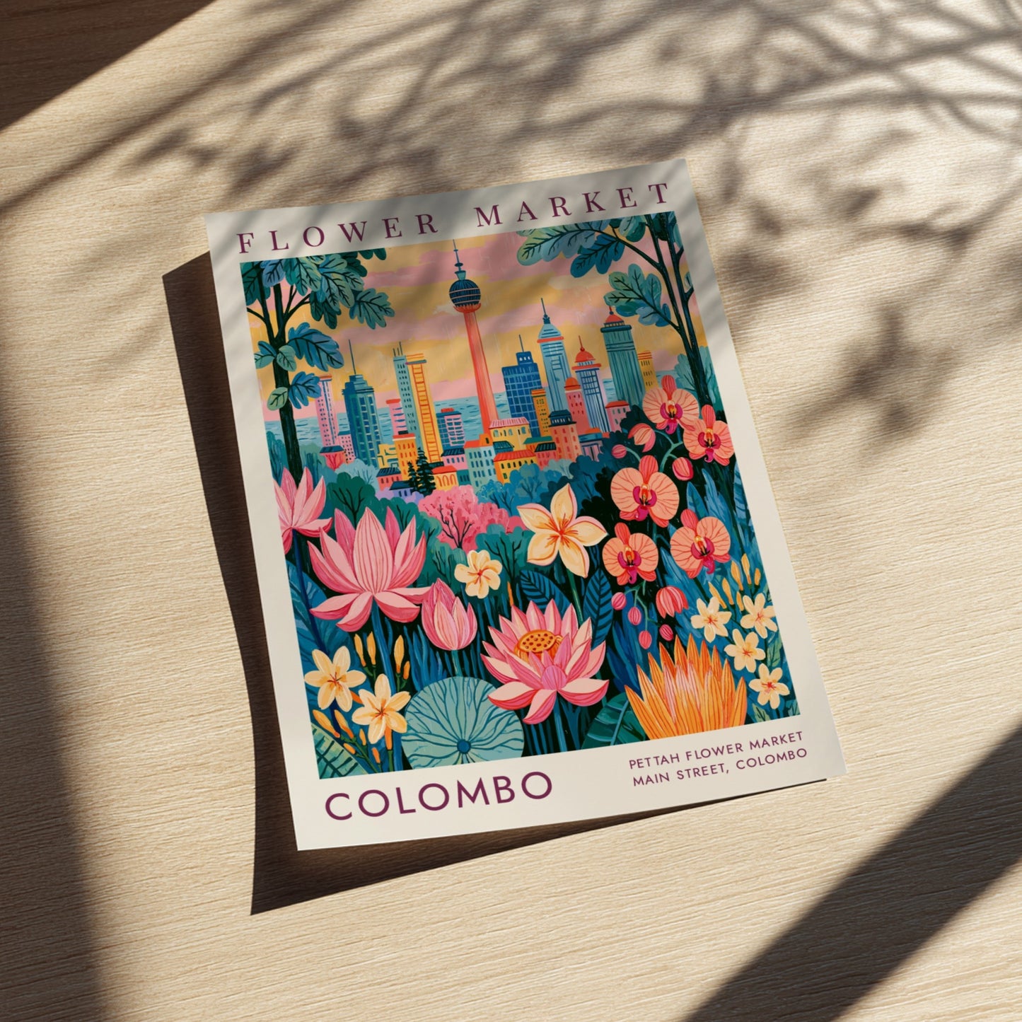 Flower market poster featuring a vibrant cityscape with colorful flowers and buildings