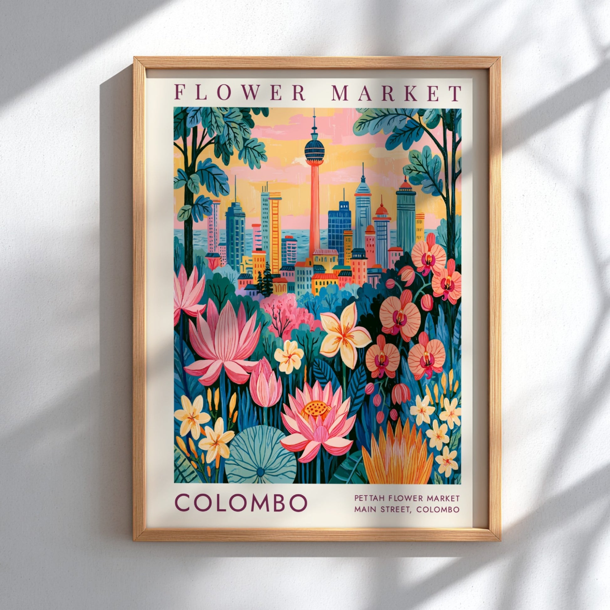 Flower market poster featuring a vibrant cityscape with colorful flowers and buildings