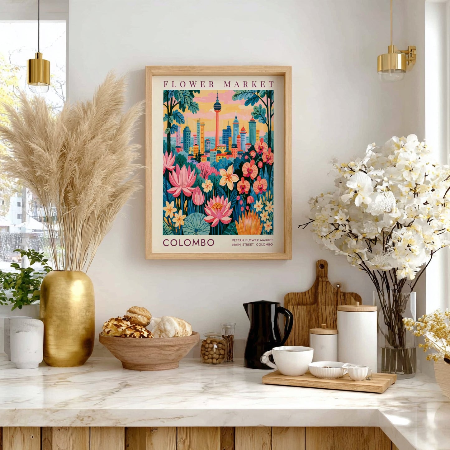 Flower market poster featuring a vibrant cityscape with colorful flowers and buildings
