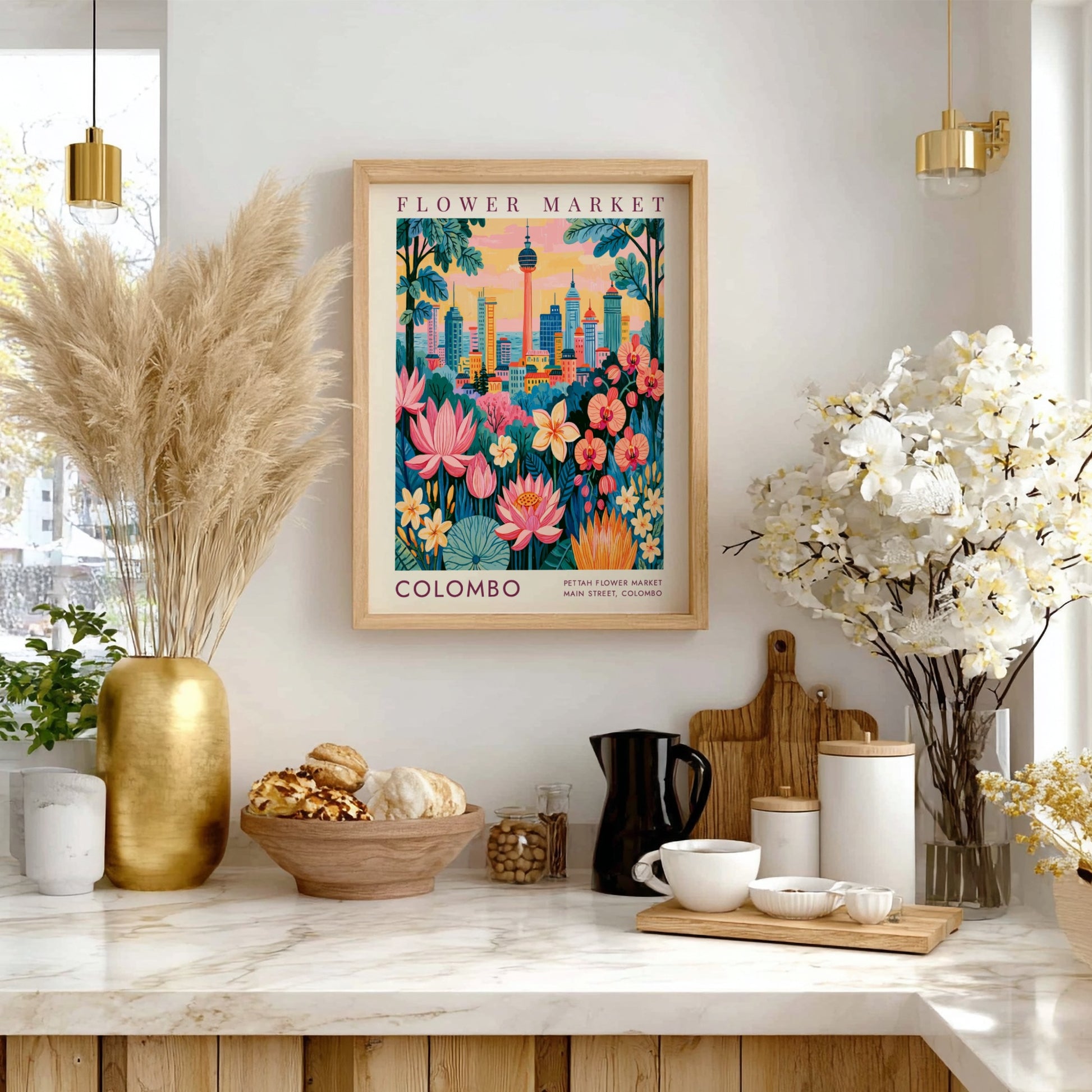 Flower market poster featuring a vibrant cityscape with colorful flowers and buildings