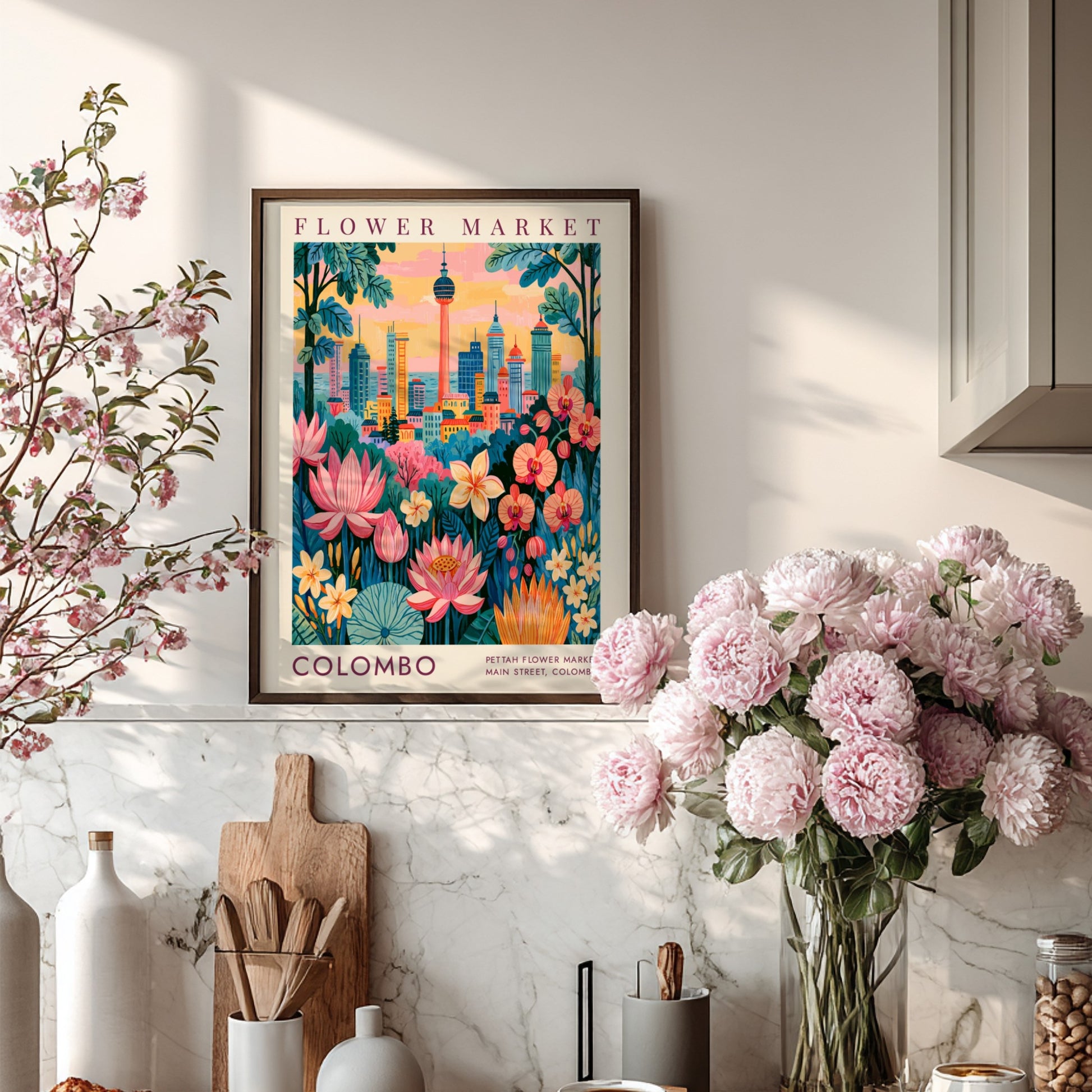 Flower market poster featuring a vibrant cityscape with colorful flowers and buildings