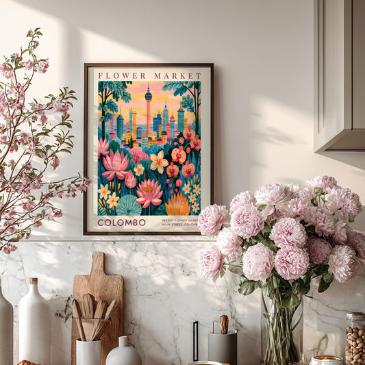 Flower market poster featuring a vibrant cityscape with colorful flowers and buildings