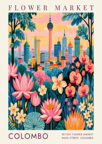 Flower market poster featuring a vibrant cityscape with colorful flowers and buildings