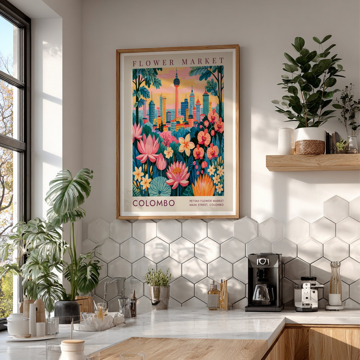 Flower market poster featuring a vibrant cityscape with colorful flowers and buildings