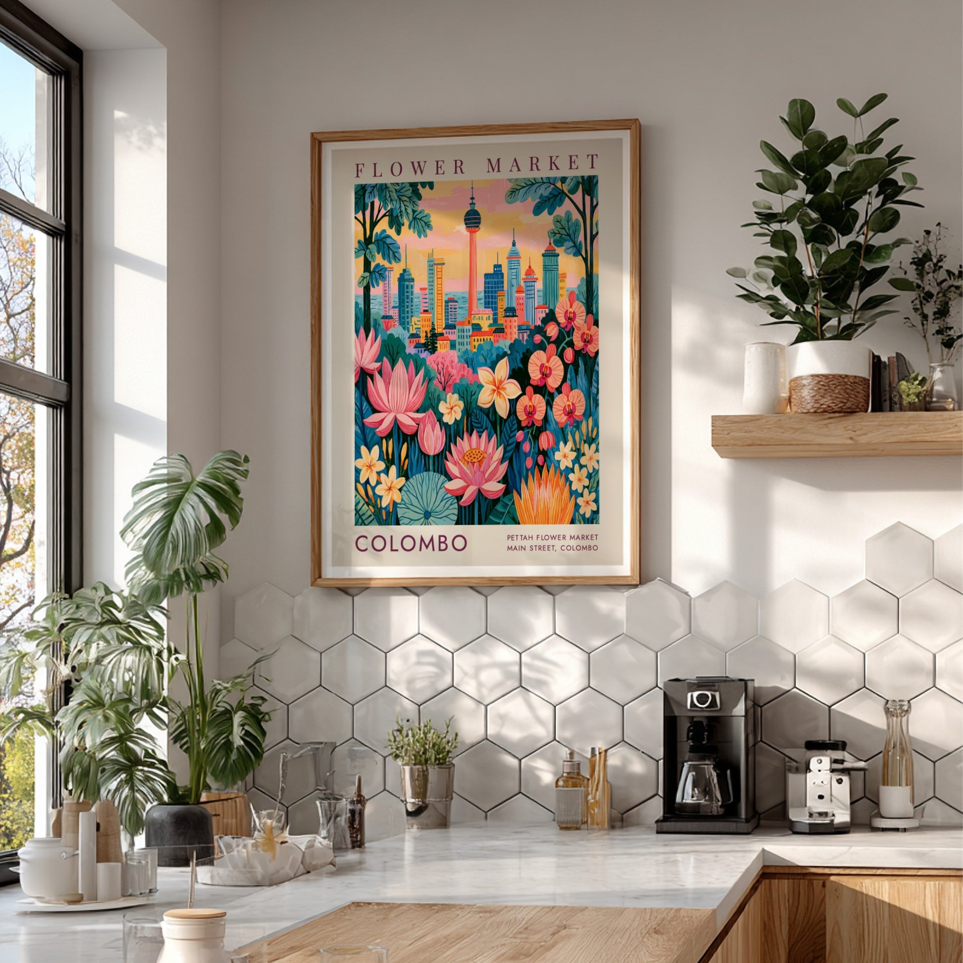Flower market poster featuring a vibrant cityscape with colorful flowers and buildings