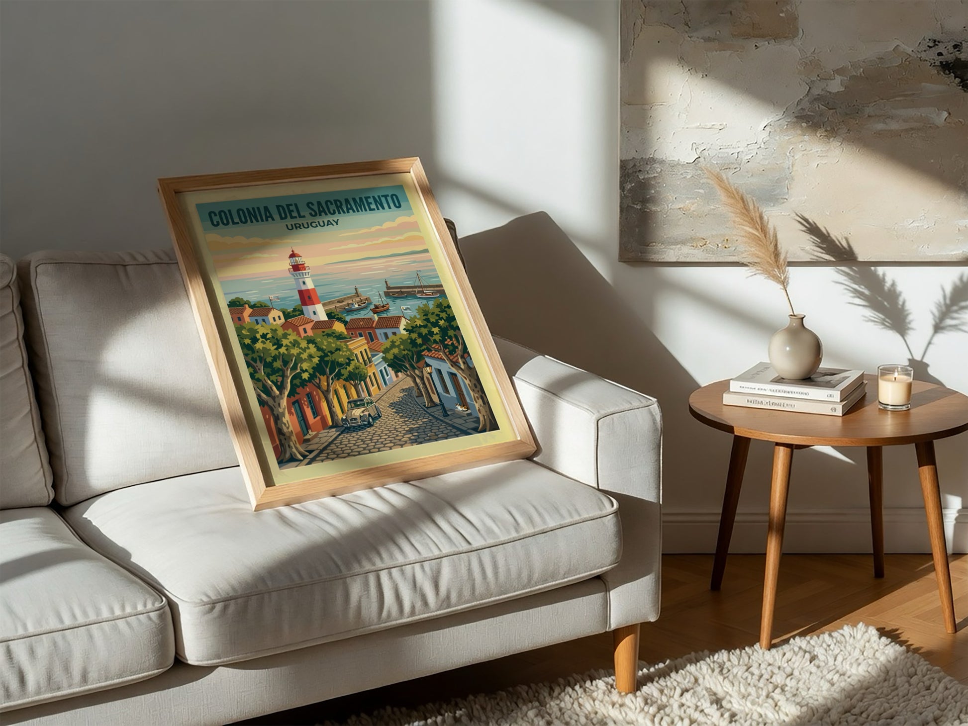Travel poster of Colonia del Sacramento with a lighthouse, cobblestone street, and harbor.