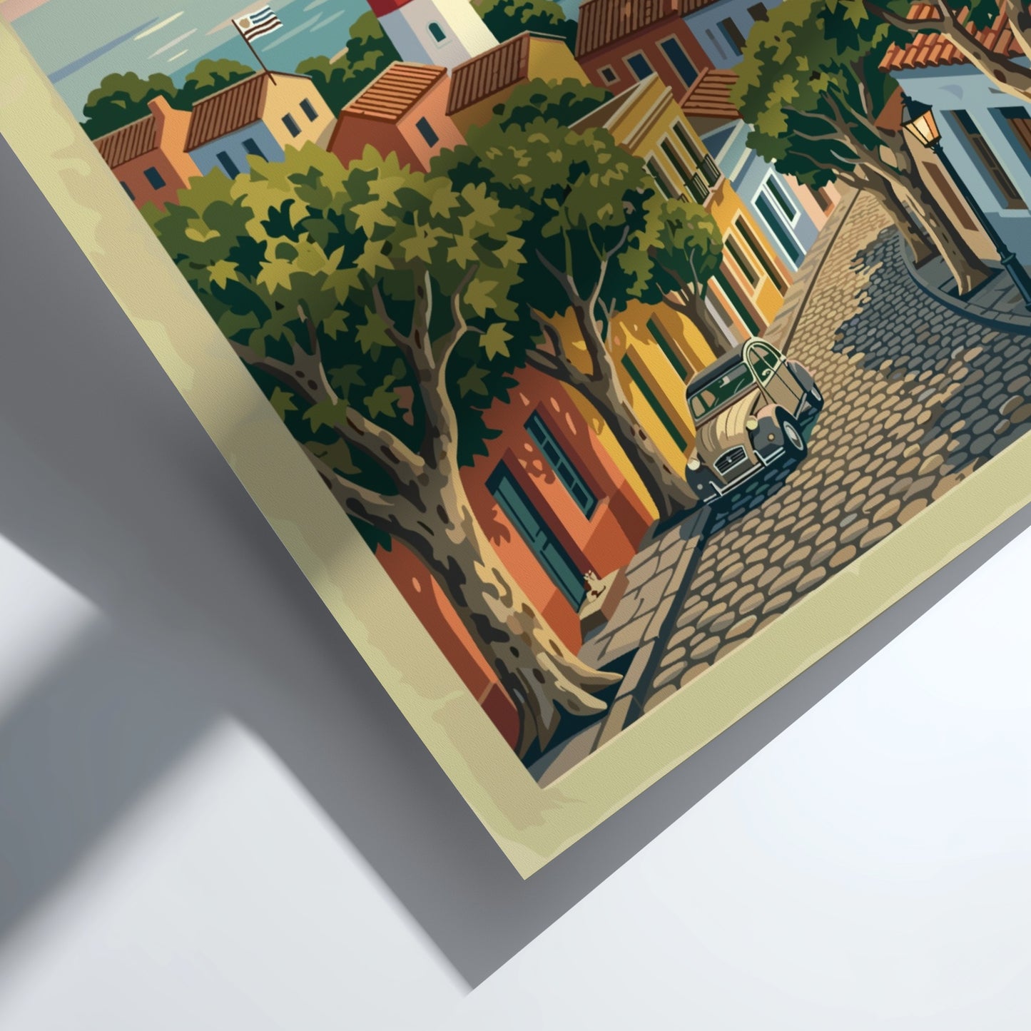 Travel poster of Colonia del Sacramento with a lighthouse, cobblestone street, and harbor.