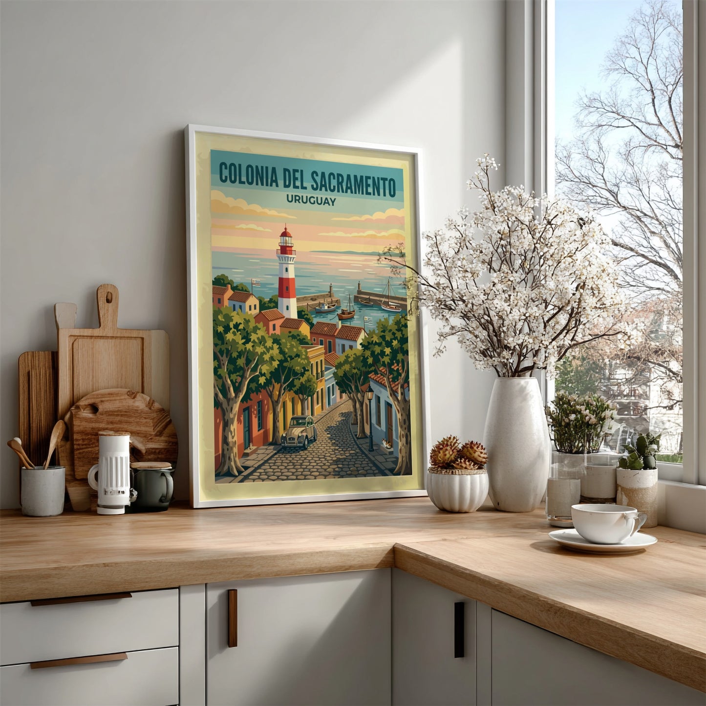 Travel poster of Colonia del Sacramento with a lighthouse, cobblestone street, and harbor.