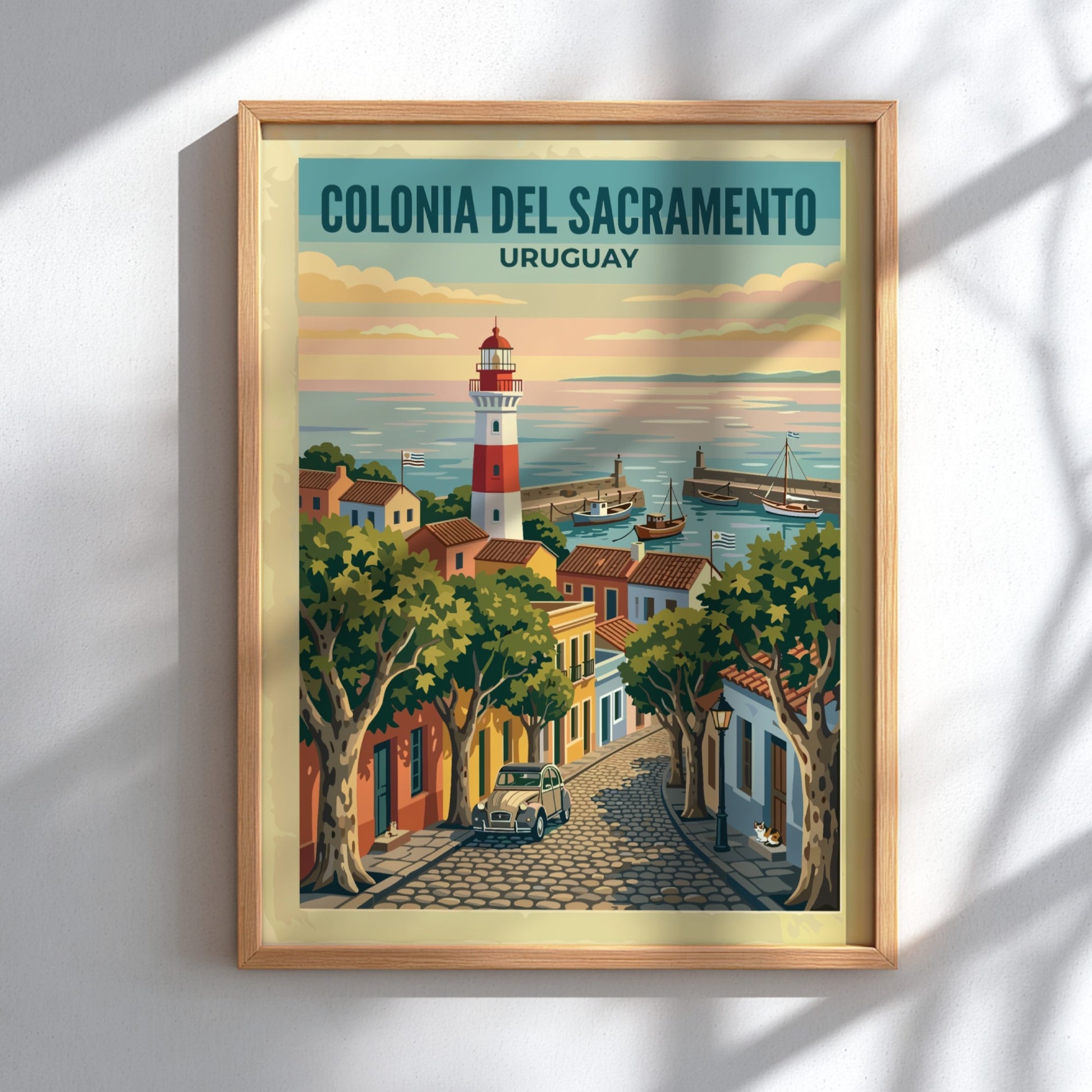 Travel poster of Colonia del Sacramento with a lighthouse, cobblestone street, and harbor.