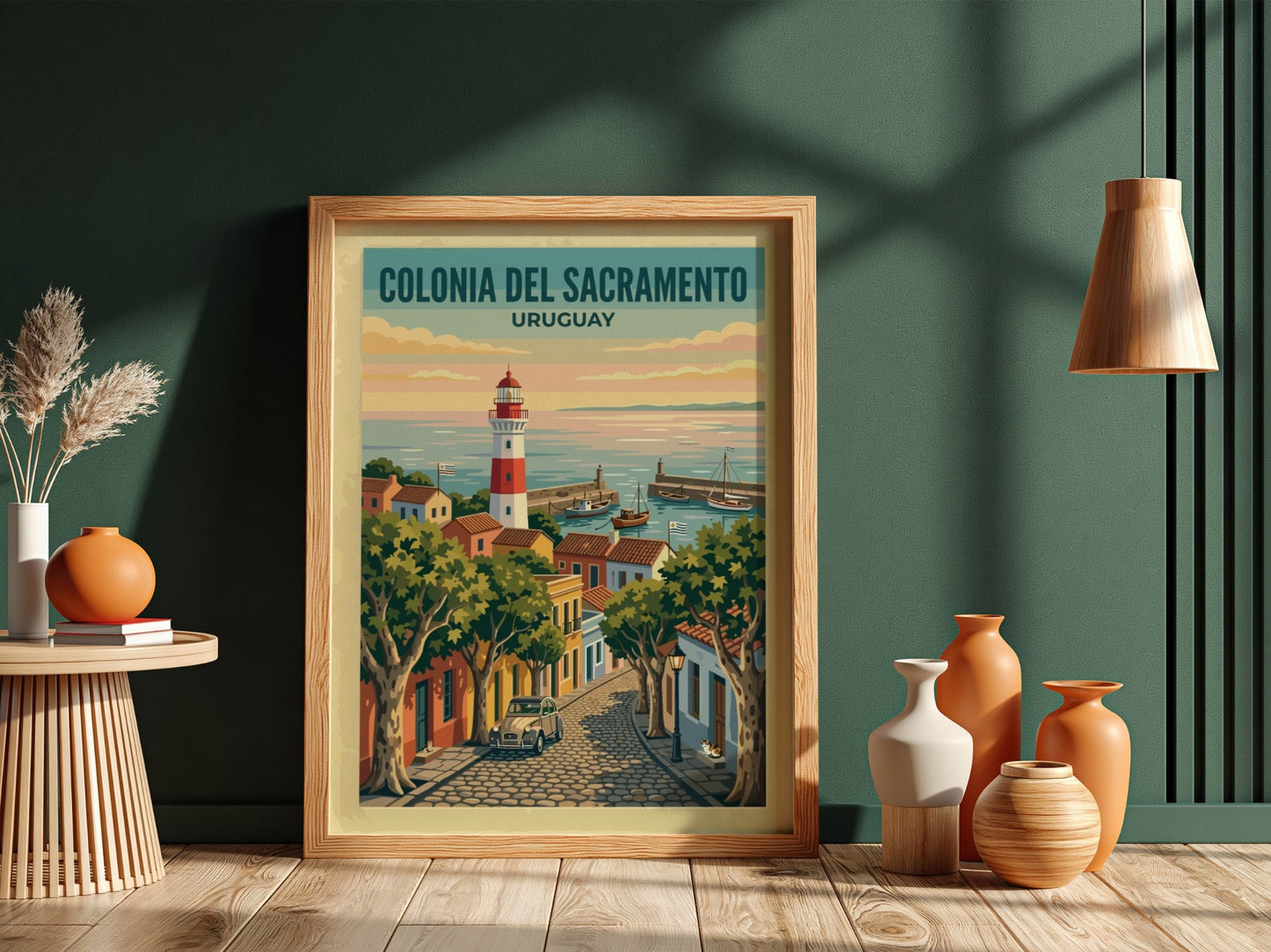 Travel poster of Colonia del Sacramento with a lighthouse, cobblestone street, and harbor.