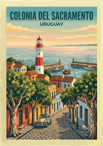 Travel poster of Colonia del Sacramento with a lighthouse, cobblestone street, and harbor.