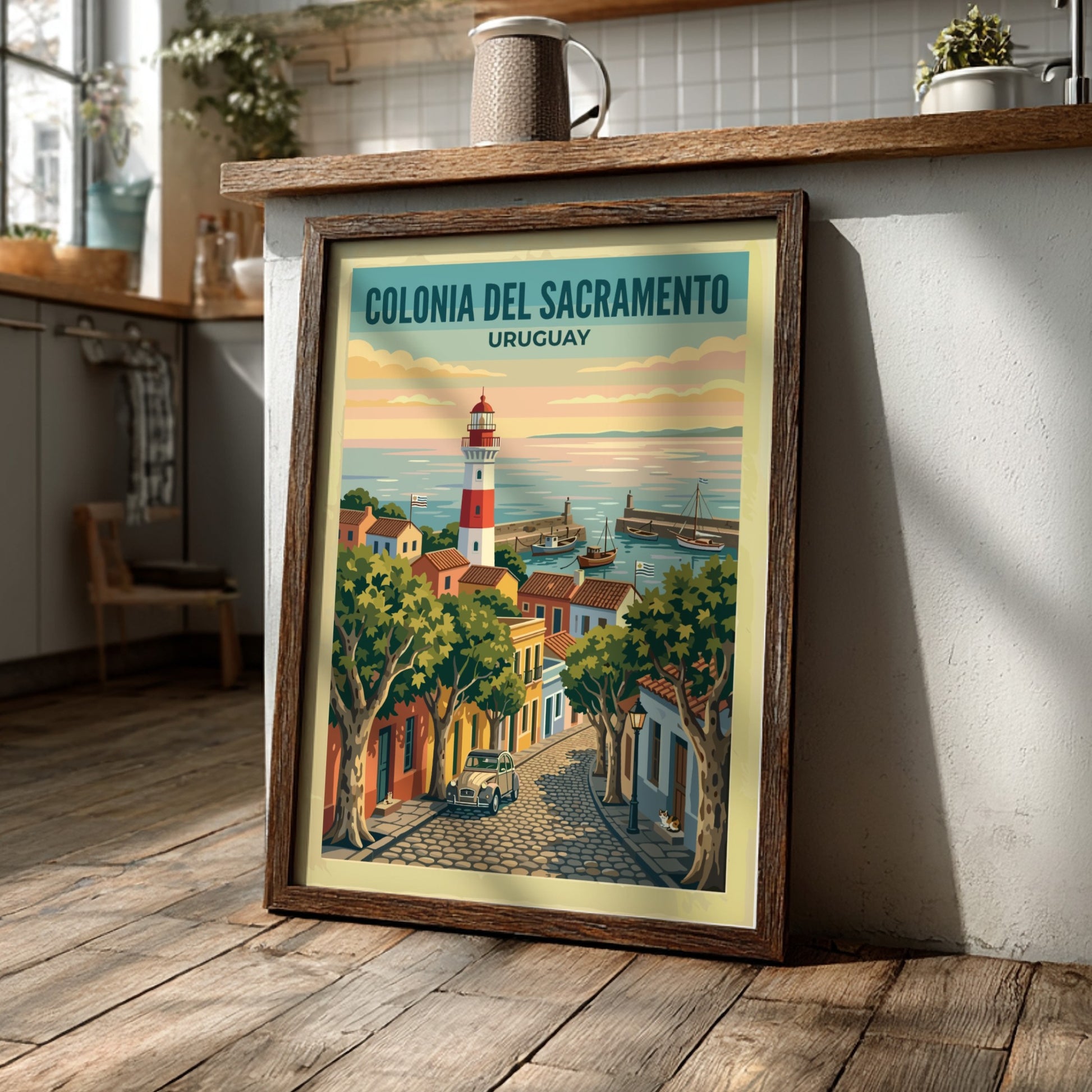 Travel poster of Colonia del Sacramento with a lighthouse, cobblestone street, and harbor.