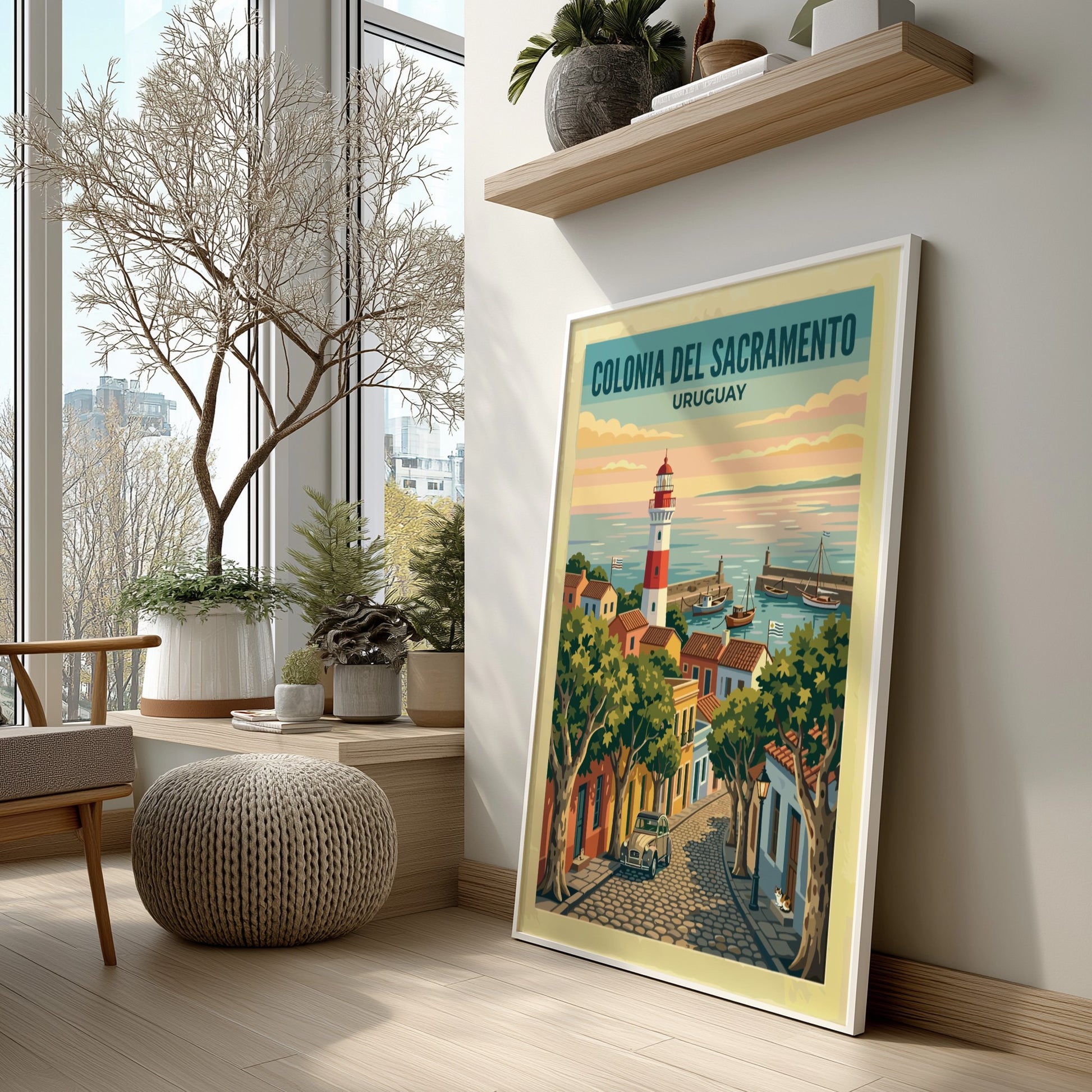 Travel poster of Colonia del Sacramento with a lighthouse, cobblestone street, and harbor.